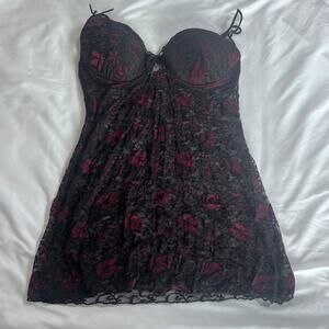 Just Sexy Black Red Lace Chemise Nightgown Lingerie Babydoll Size 1X Underwire
